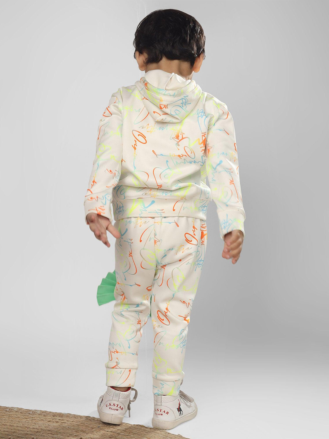 Polka Tots Full sleeve Neon Letters Print Co-ord Set - White