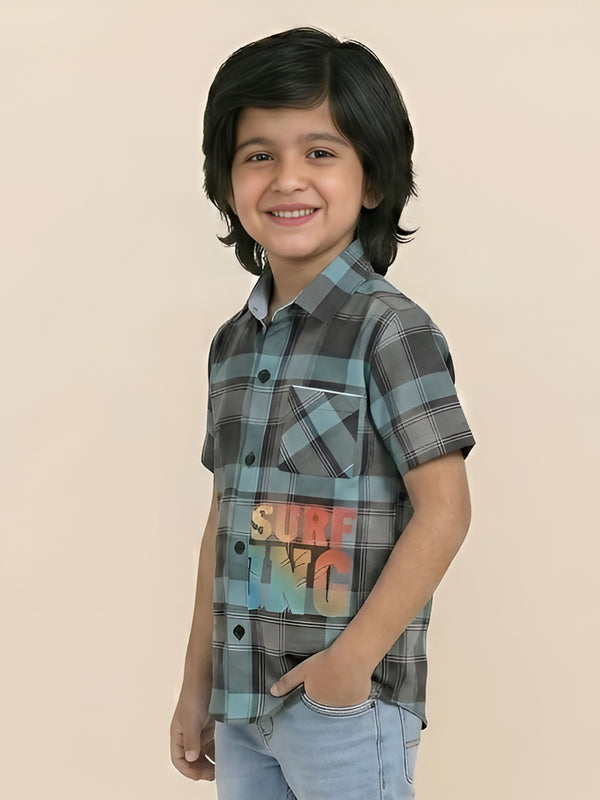 Polka Tots Half Sleeve Checks Shirt Surfing Print - Black