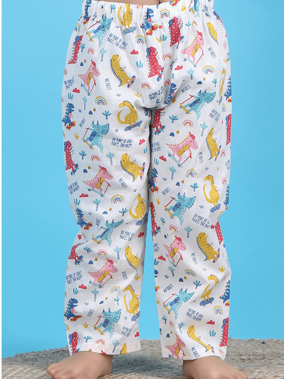 Polka Tots Full sleeves Dinosaur print Night Suit - White