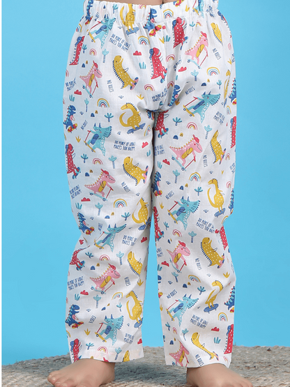 Polka Tots Full sleeves Dinosaur print Night Suit - White