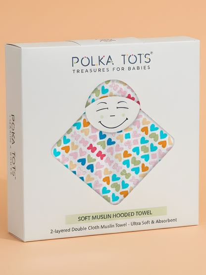 Polka Tots 100% Soft Muslin Cotton 2-Layer Hooded Baby Towel with Ear Appliqué - Mini Hearts Print