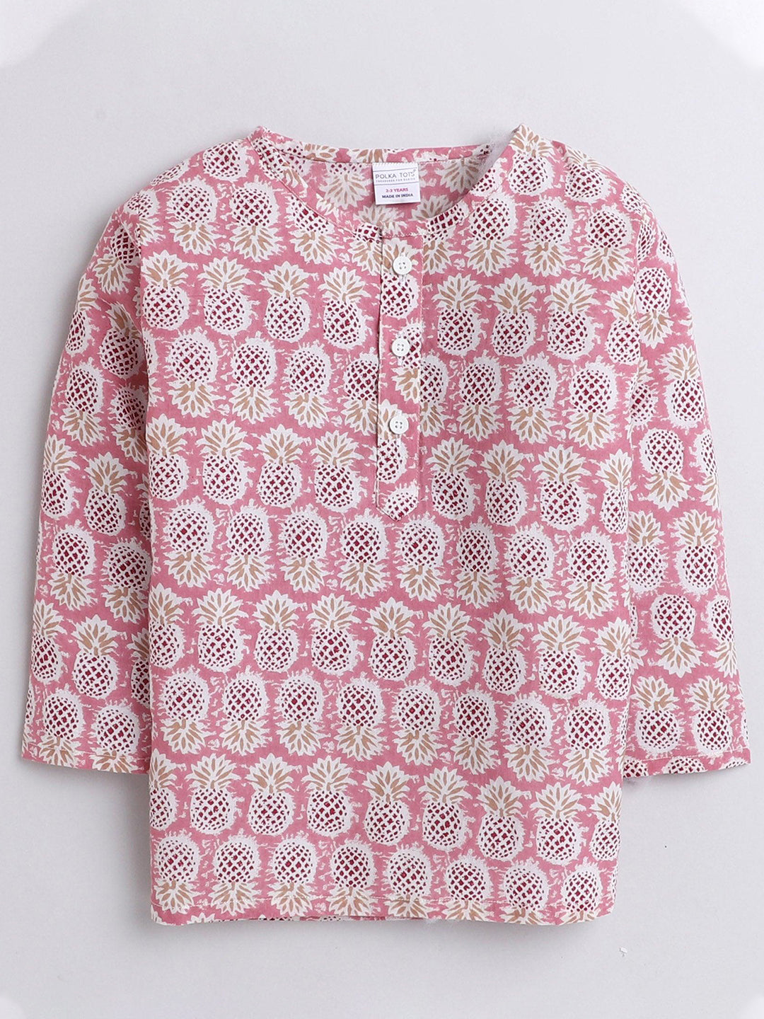 Polka Tots Pineapple print Full sleeves Nightwear Kurta pyjama set - Pink