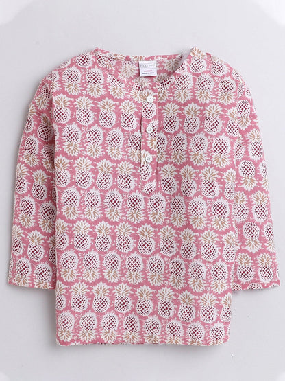 Polka Tots Pineapple print Full sleeves Nightwear Kurta pyjama set - Pink