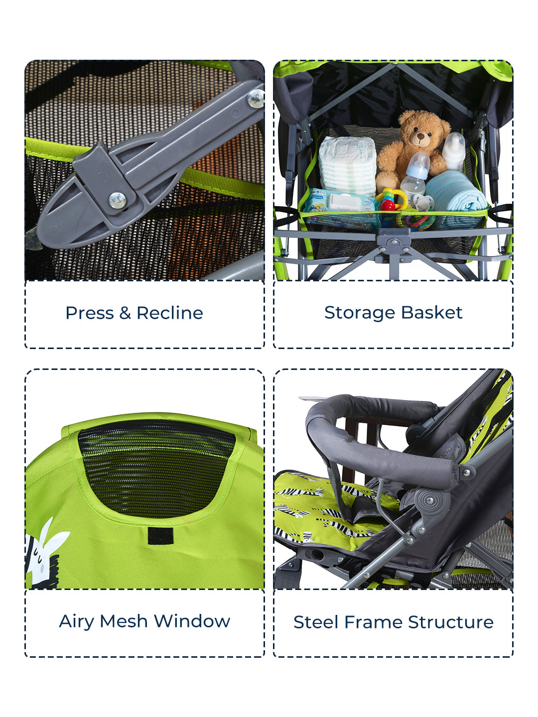 Collage of a green stroller with features highlighted, including press & recline, storage basket, airy mesh window, and steel frame structure.