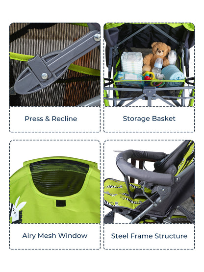 Collage of a green stroller with features highlighted, including press & recline, storage basket, airy mesh window, and steel frame structure.