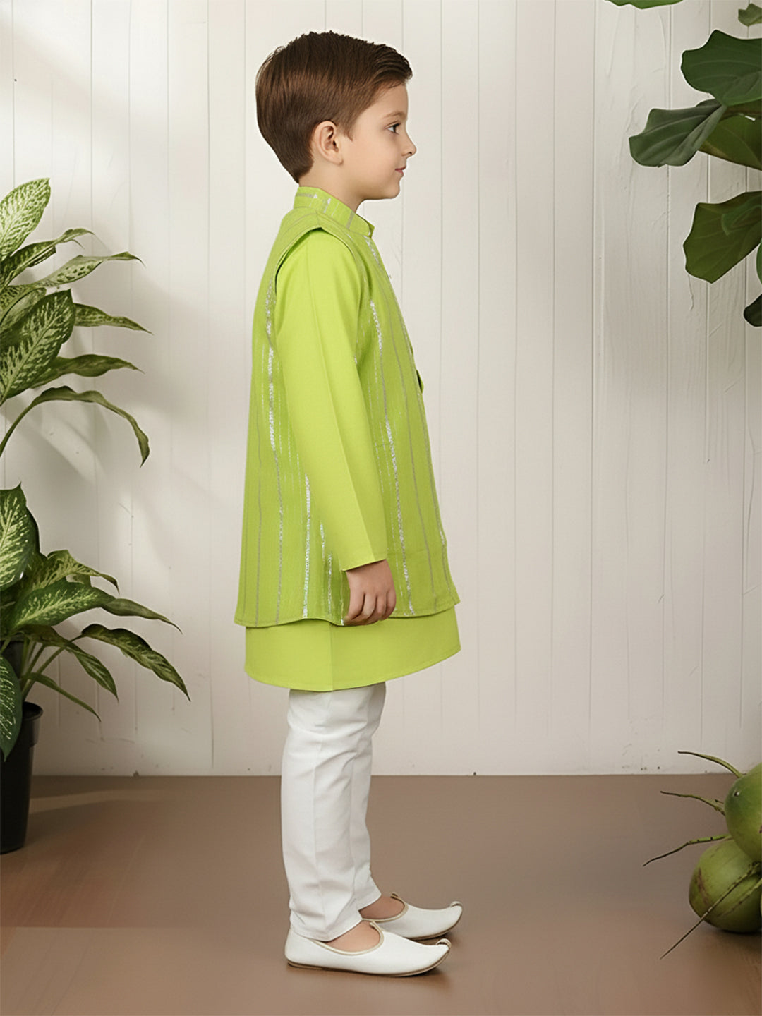 Polka Tots Full Sleeve Ethnic Kurta Pyjama Set with Foil Striped Koti - Neon Green