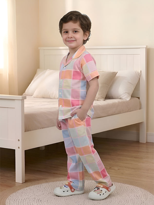 Polka Tots Half sleeves Box print Night Suit - Multicolor