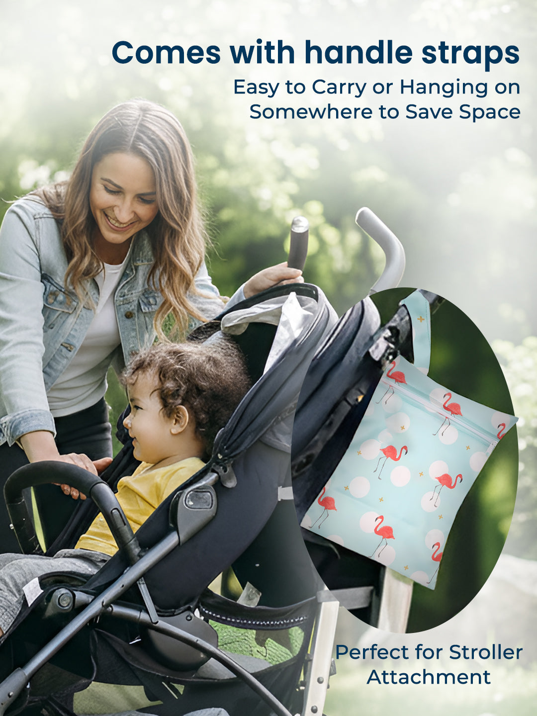 Woman pushing a stroller with a child, featuring a pouch attached to the stroller with text about handle straps.