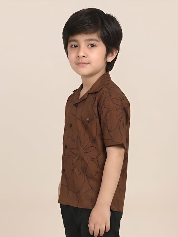 Polka Tots Half Sleeves Embroidered Shirt  - Brown