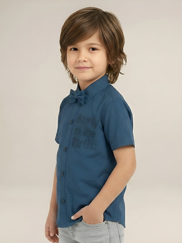 Polka Tots Cotton Regular Fit Sassy Since Birth Diamonds Party Wear Shirt With Bow Tie - Navy Blue