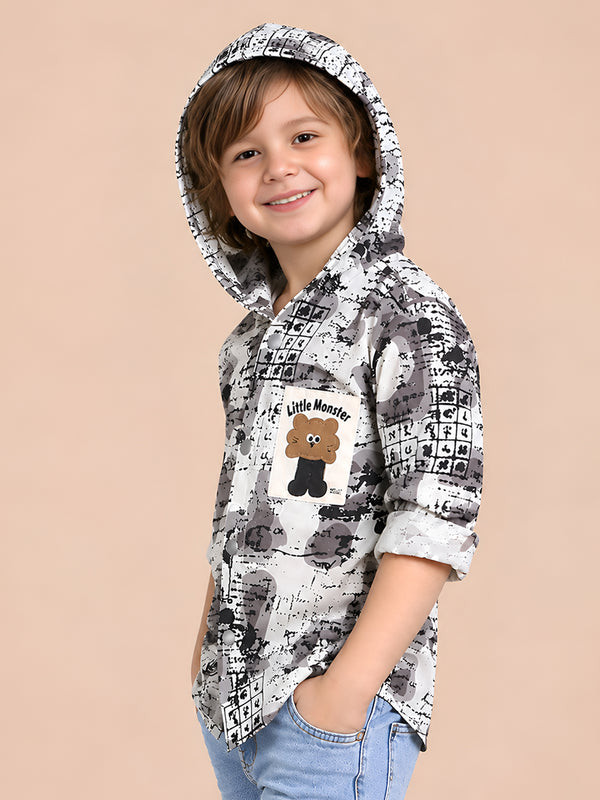Polka Tots Full Sleeves Abstract Scribble Print Hooded Kids Shirt with Smiley Patch - Cream