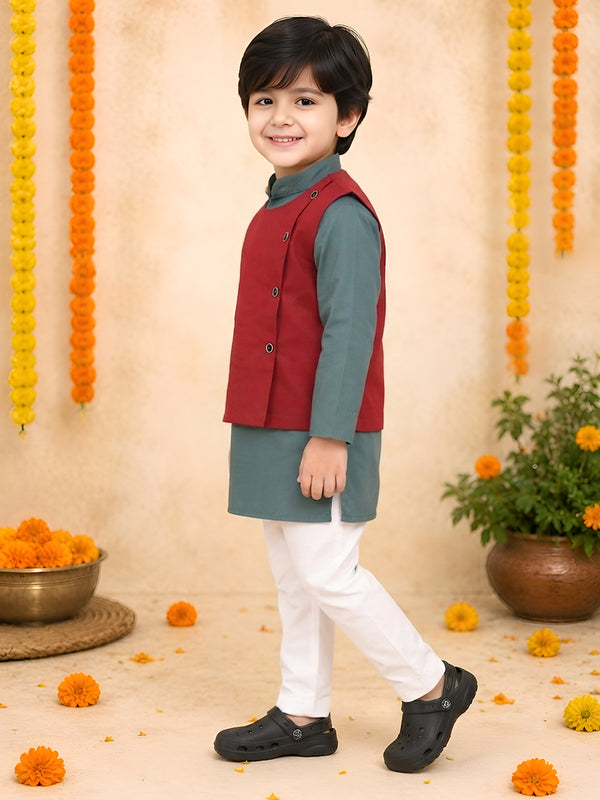 Polka Tots Full sleeves Traditional Embroidery Koti Kurta Pyjama - Grey