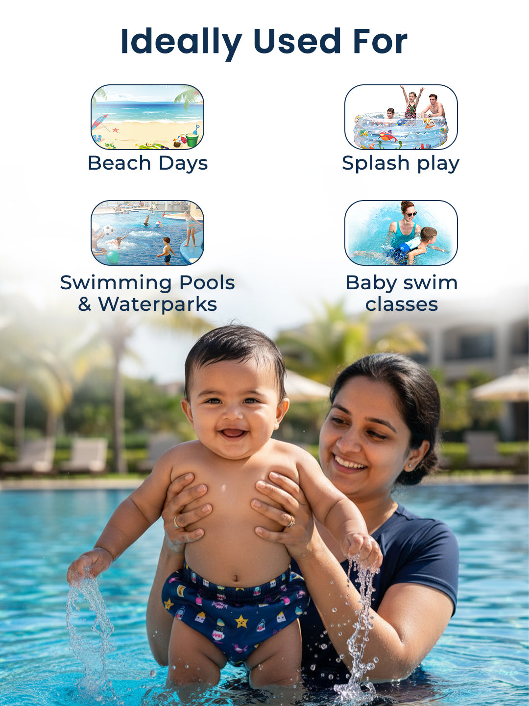 Woman holding a child in a pool with text indicating product use for beach days, splash play, swimming pools, waterparks, and baby swim classes.