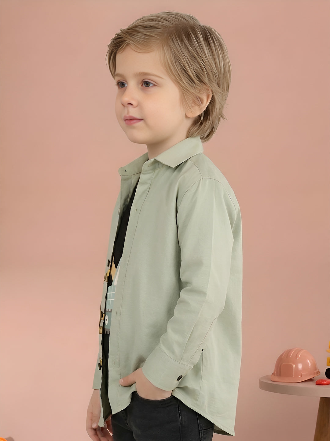 Polka Tots Full Sleeves Under Construction Print Tshirt Shirt - Green
