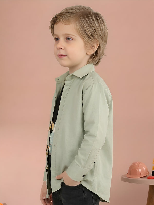 Polka Tots Full Sleeves Under Construction Print Tshirt Shirt - Green