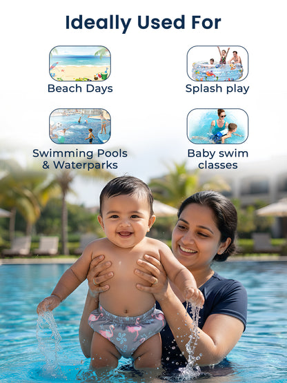 Woman and child playing in a pool with text indicating use for beach days, splash play, swimming pools, waterparks, and baby swim classes.