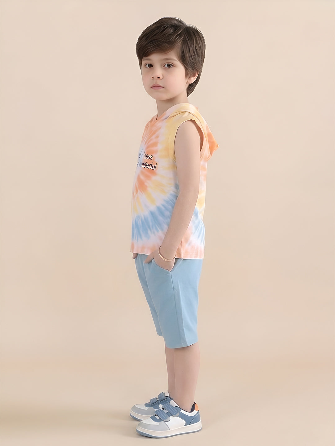 Polka Tots Sleeveless Tie dye print T-Shirt Shorts with attached Hoodie - Multicolor