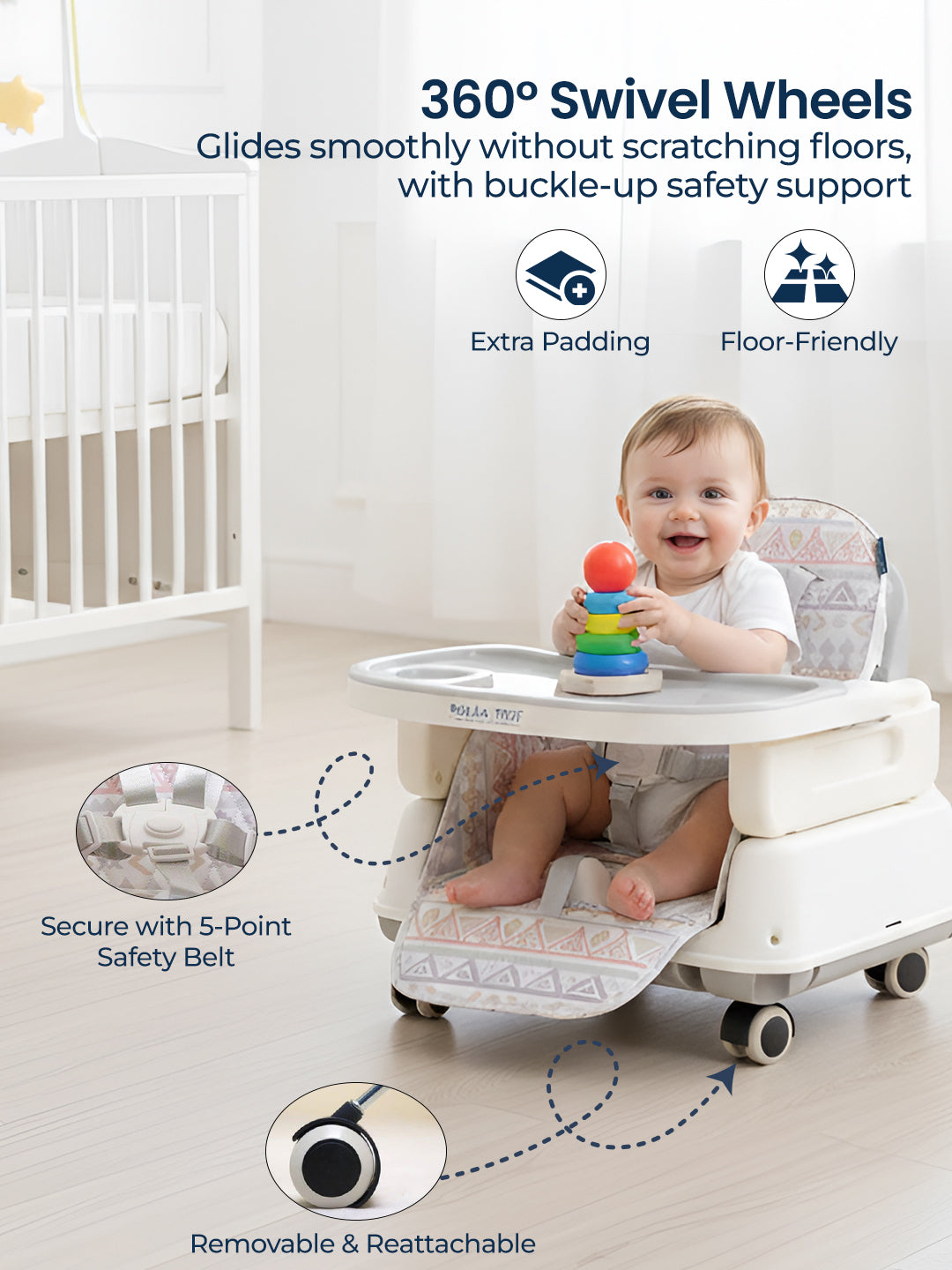 Baby in a high chair with 360-degree swivel wheels in a nursery setting