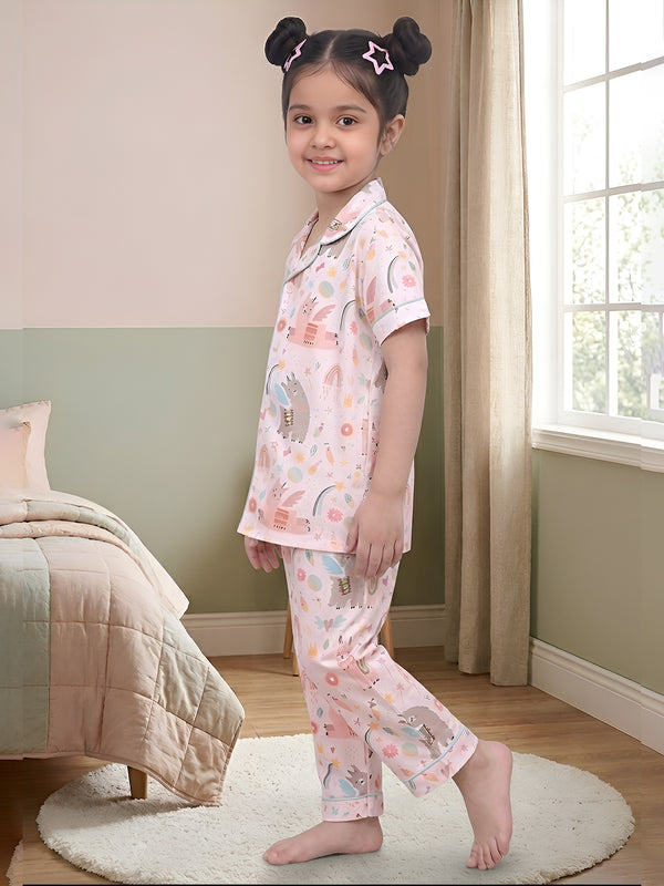 Polka Tots Half Sleeves Rainbow print Night Suit - White