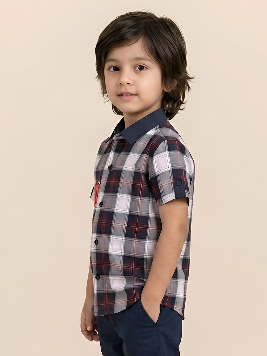 Polka Tots Half Sleeve Checks Kids Shirt PT Rubber Print - Black