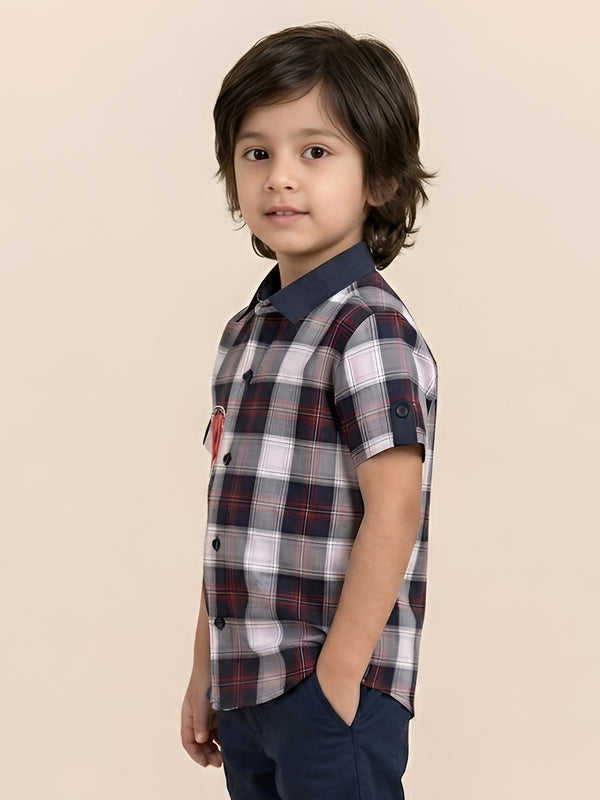 Polka Tots Half Sleeve Checks Kids Shirt PT Rubber Print - Black