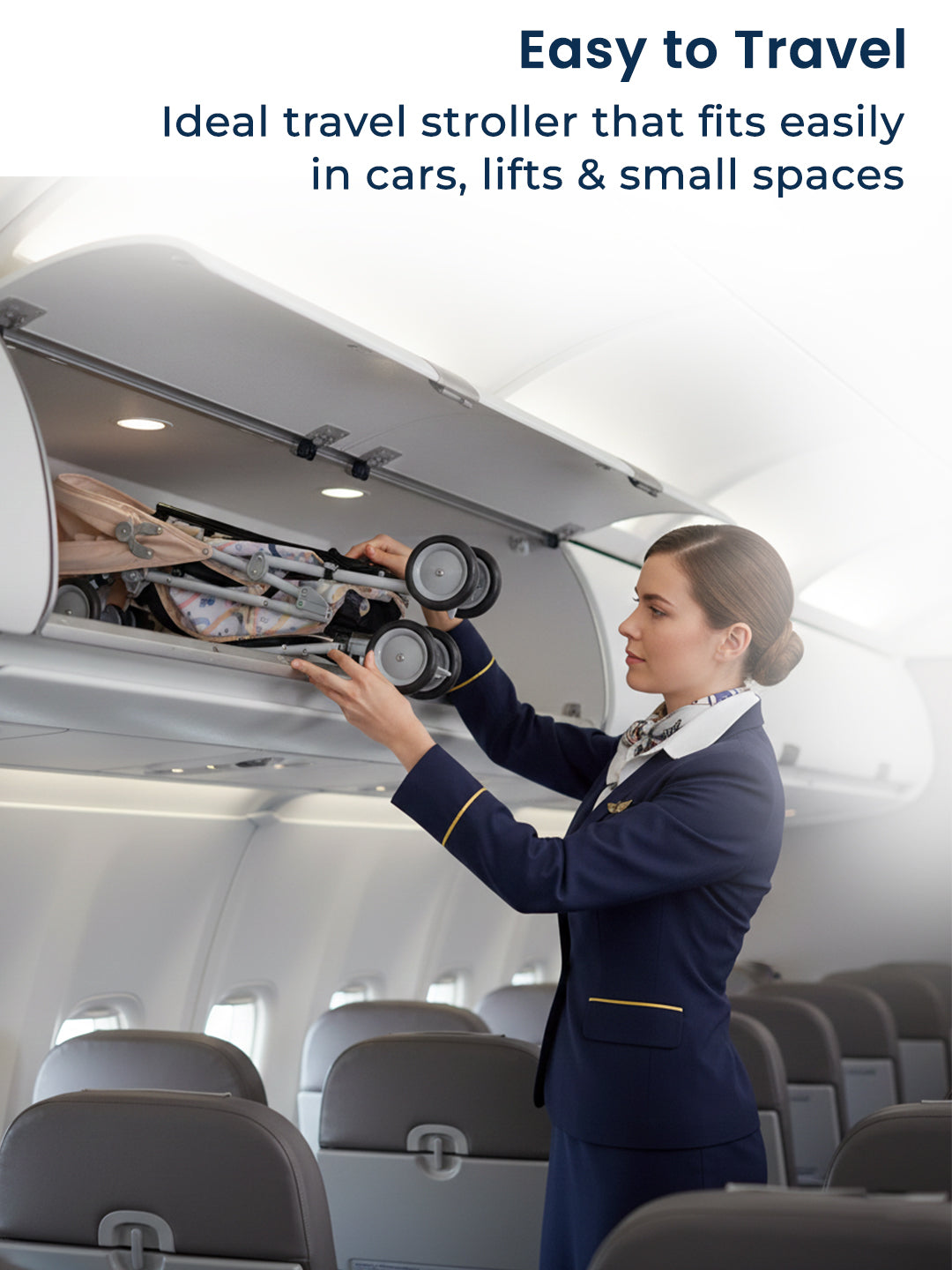 Woman in an airplane cabin using a travel stroller, with text about ease of travel.