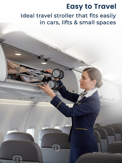 Woman in an airplane cabin using a travel stroller, with text about ease of travel.