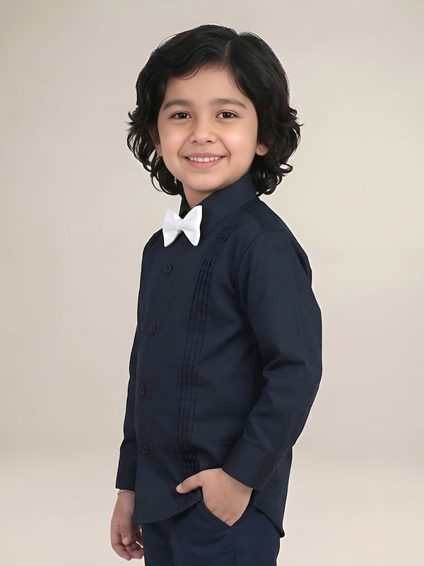 Polka Tots Full Sleeves Cotton Satin Shirt with Bow Tie - Black