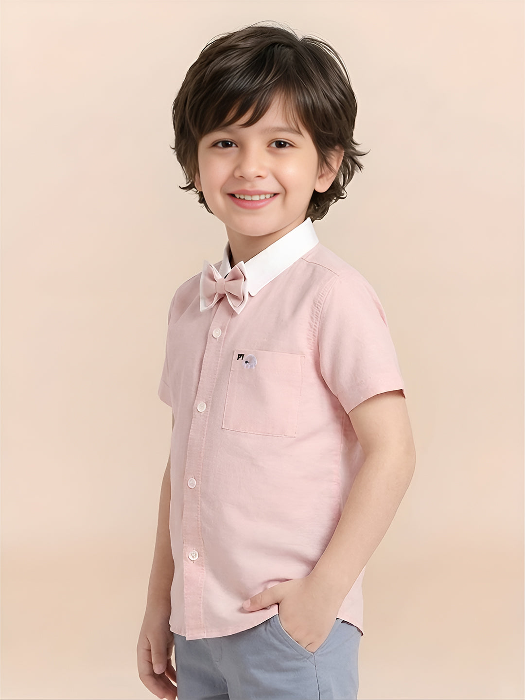 Polka Tots Half Sleeves Plain Shirt With Dual Bow Tie - Pink