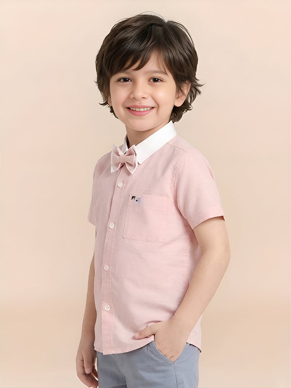 Polka Tots Half Sleeves Plain Shirt With Dual Bow Tie - Pink