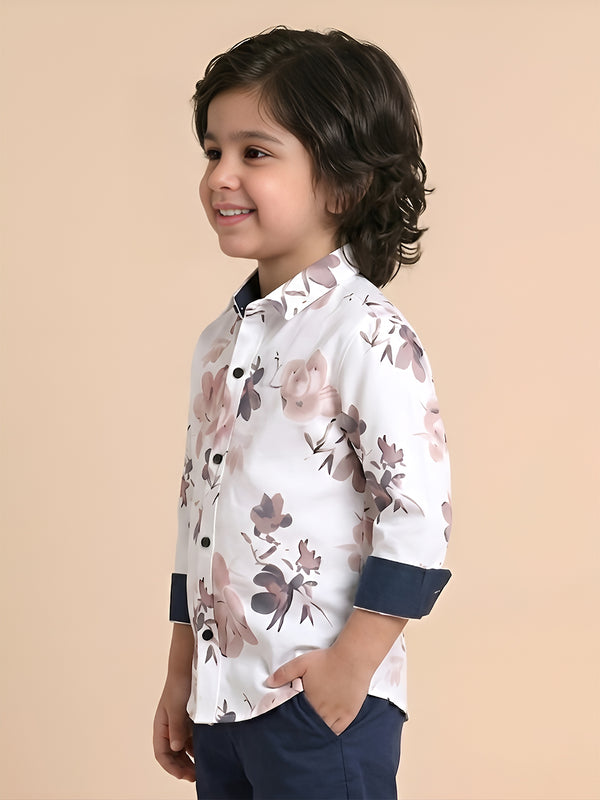 Polka Tots Full Sleeve Shirt Rust Blue Floral Print - White