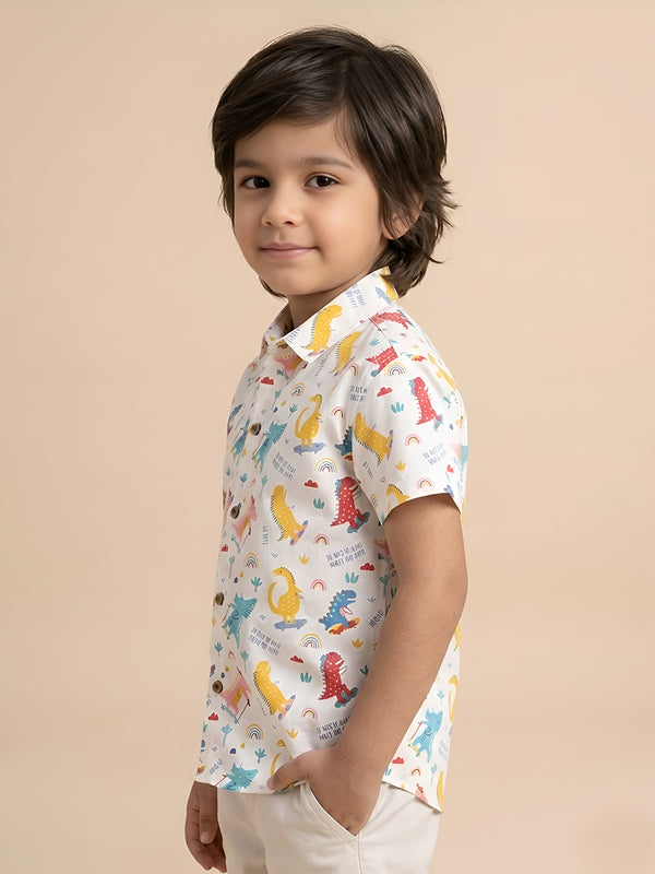 Polka Tots Half Sleeves Dinosour Print  Shirt - White