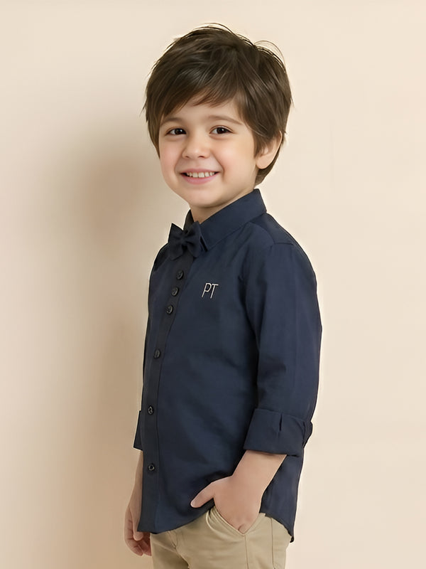Polka Tots Full Sleeve Party Wear Reverse Collar Placket With Bow Tie Shirt - Dark Blue