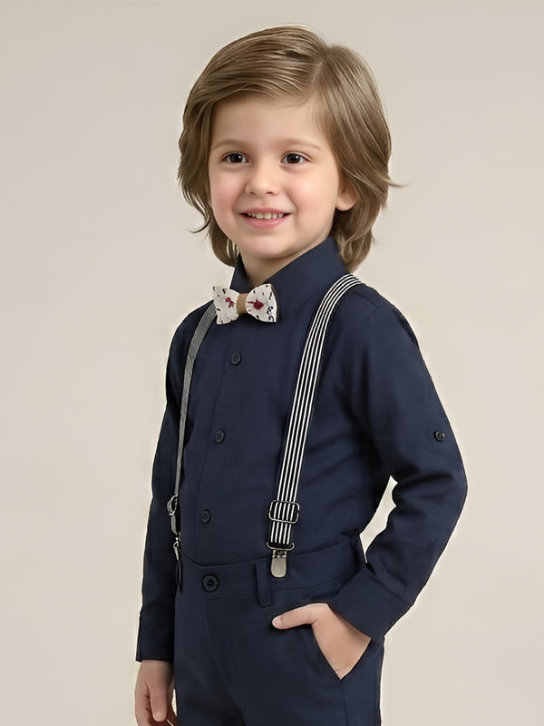 Polka Tots plain party shirt with wood bow tie and stripe suspender - Blue