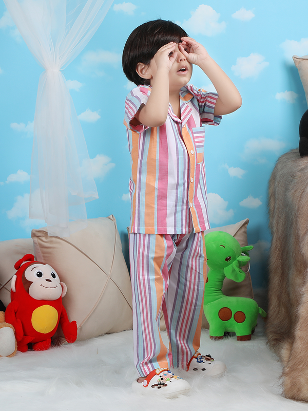 Polka Tots Half sleeves Stripes print Night Suit - Pink/Orange