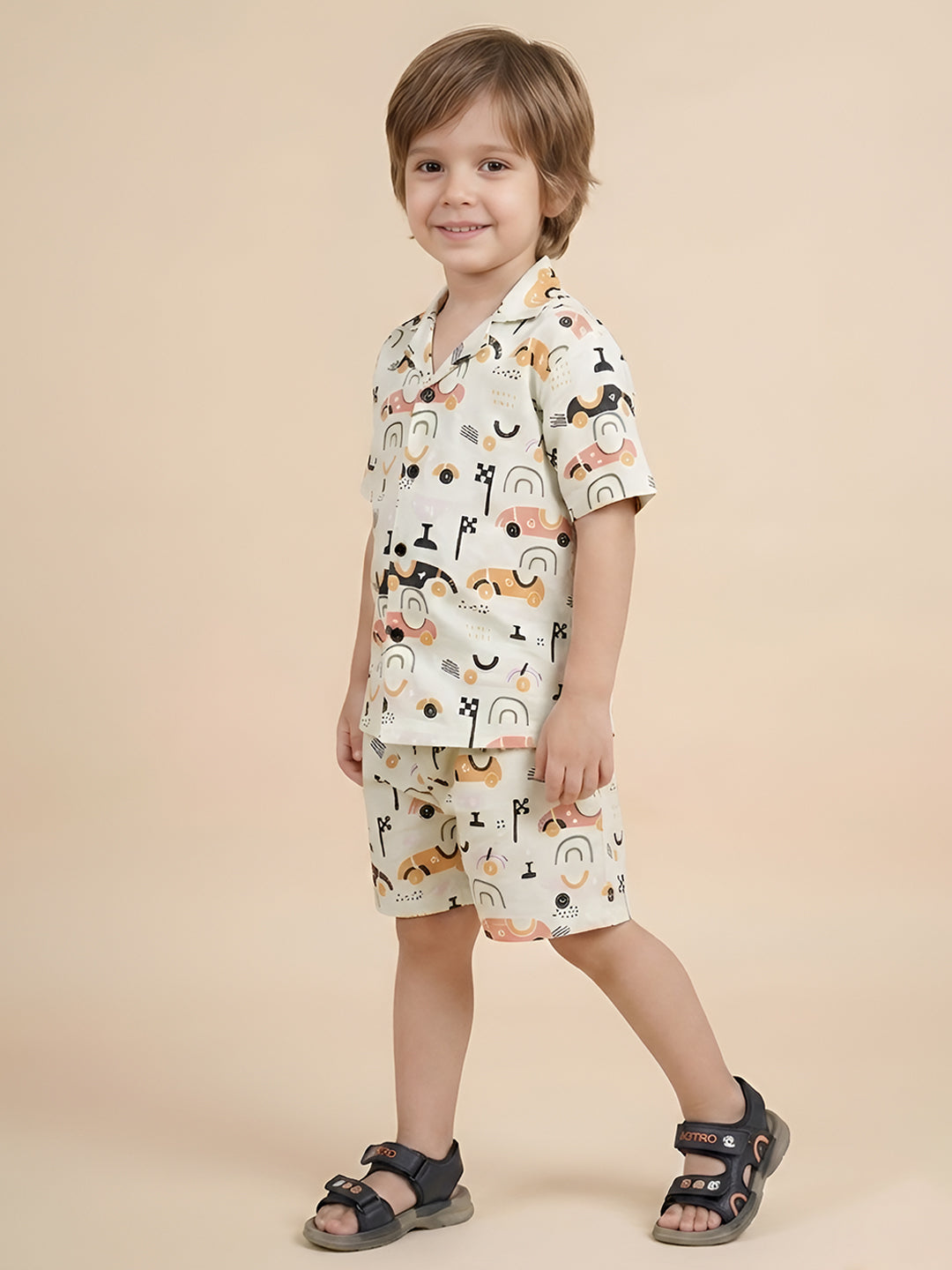Polka Tots Half Sleeves Racing car print Shirt Shorts - Light Green