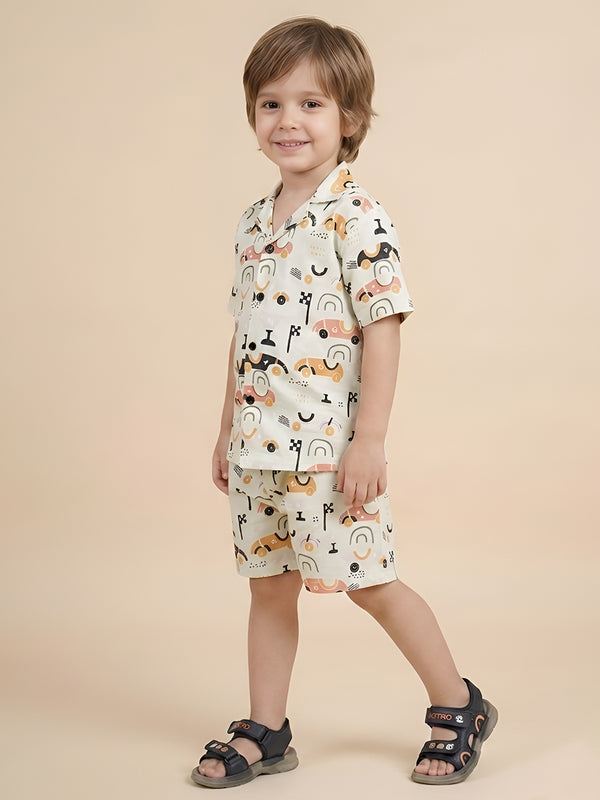 Polka Tots Half Sleeves Racing car print Shirt Shorts - Light Green
