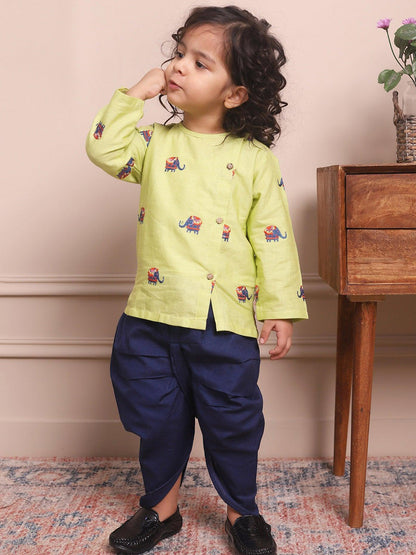 Polka Tots Full Sleeve Elephant Embroidery Angrakha Top With Dhoti - Green