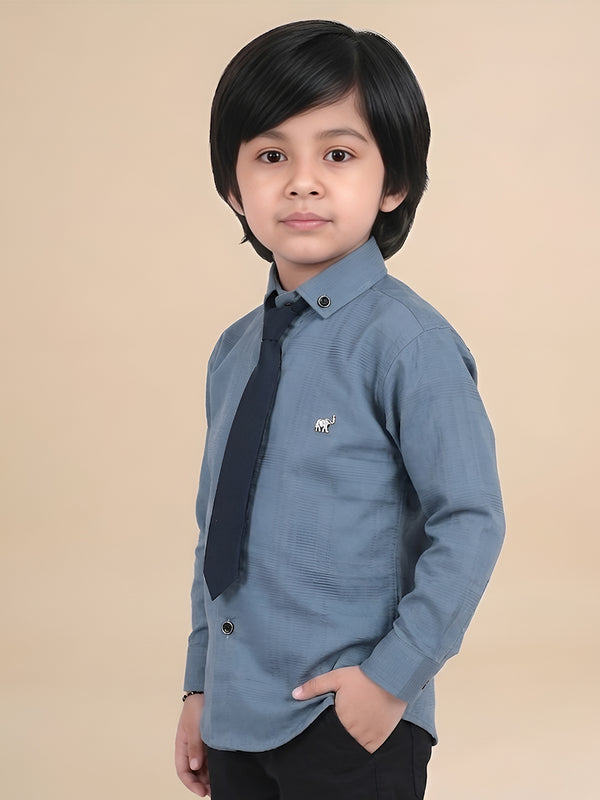 Polka Tots Full Sleeves Cotton self textured Shirt with Tie - Grey