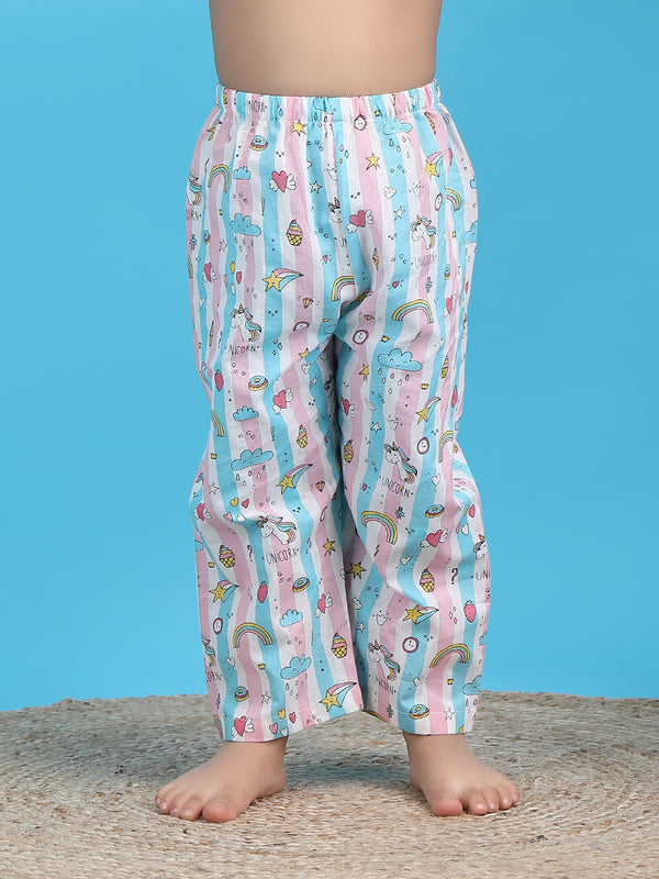 Polka Tots Full sleeves Unicorn print Stripes Night suit - Pink