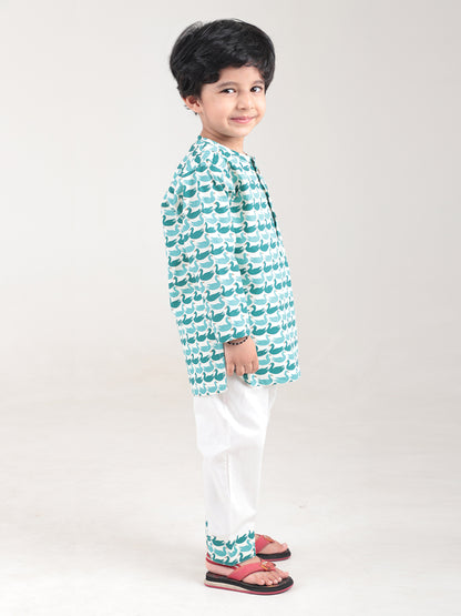 Polka Tots Full sleeves Swan print Nightwear Kurta pyjama set - Green
