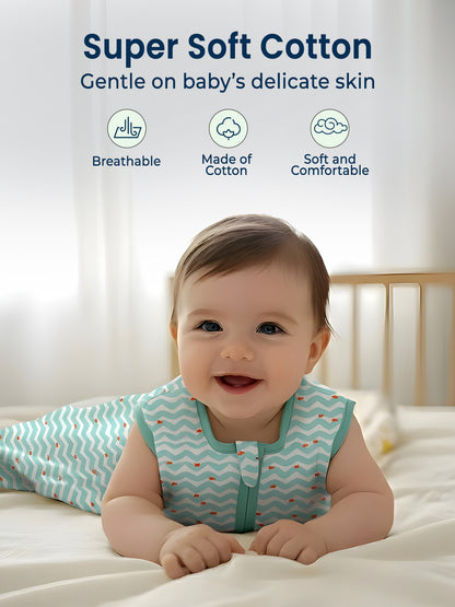 Polka Tots 100% Soft Cotton Wave Print Sleeping Bag with Cap - Blue