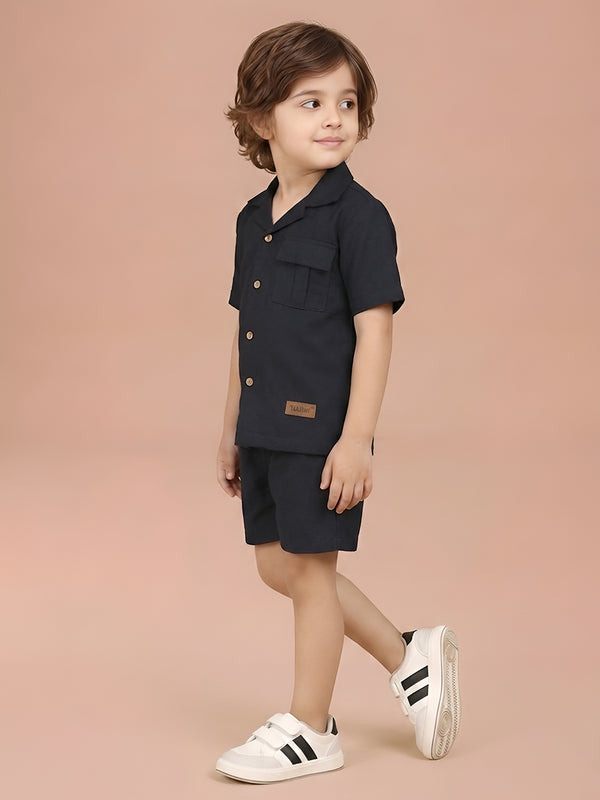 Polka Tots Half Sleeves Solid Co-ords - Navy Blue