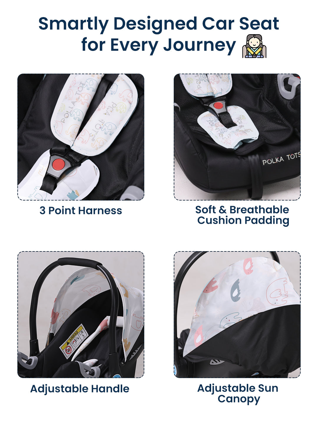 Smartly designed car seat with features like 3-point harness, soft cushion padding, adjustable handle, and sun canopy.