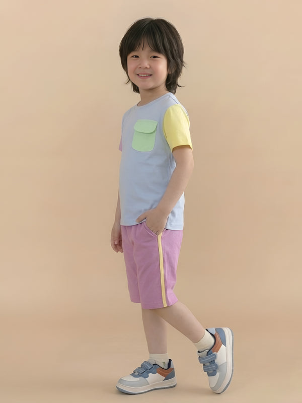 Polka Tots Half Sleeves Colorblock T-Shirt Shorts - Multicolor