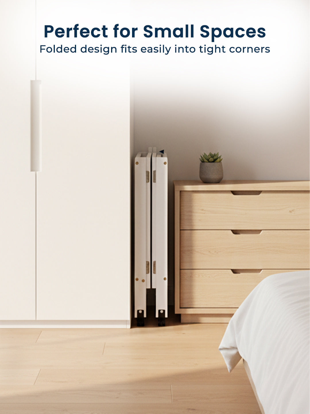 Foldable storage solution in a bedroom setting with text 'Perfect for Small Spaces'.