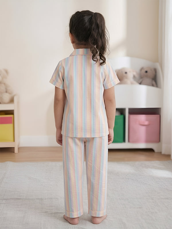 Polka Tots Half sleeves Stripes print Night Suit - Yellow/Blue