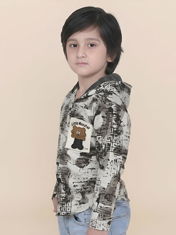 Polka Tots Full Sleeves Abstract Scribble Print Hooded Kids Shirt with Smiley Patch - Cream