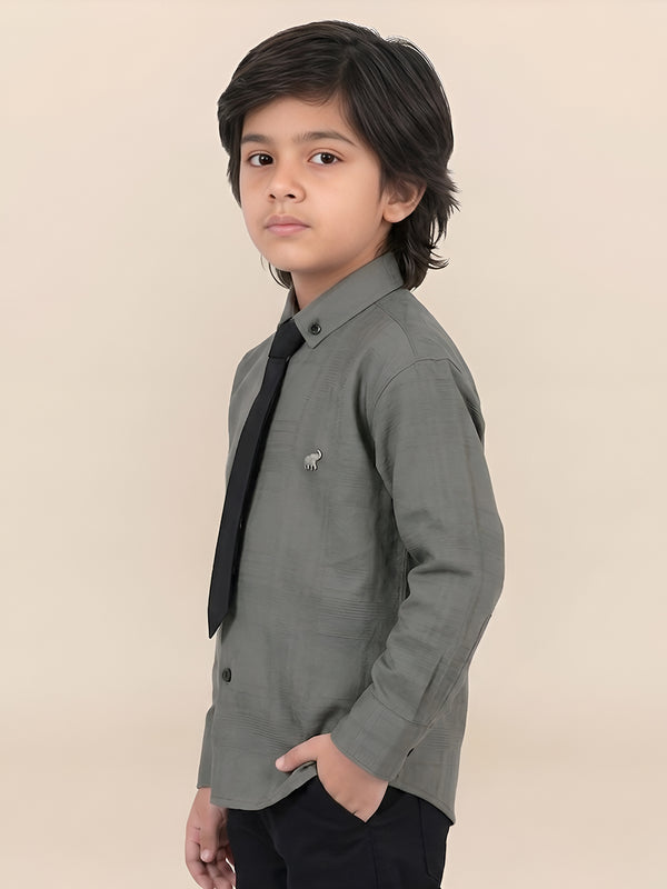 Polka Tots Full Sleeves  Cotton self textured Shirt with Tie - Green