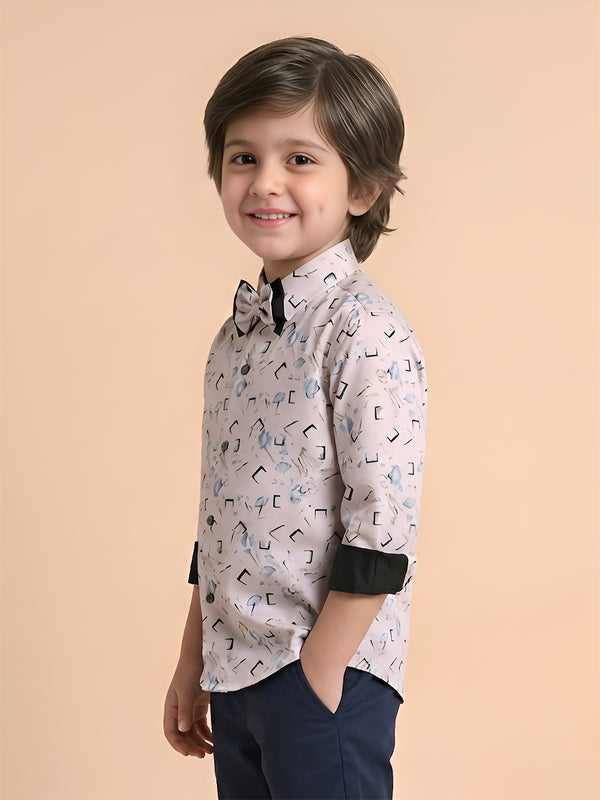 Polka Tots Cotton Full Sleeves Party Wear Shirt With Dual Bow Tie All Over Print - Light Pink